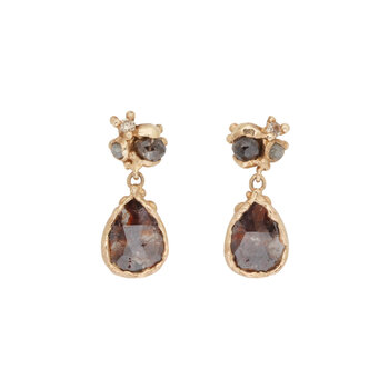 Raw Diamond Cluster and Salt and Pepper Diamond Dangly Post Earrings in 14k Yellow Gold