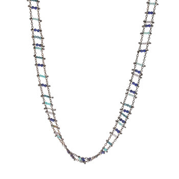 Chain Necklace with Amazonite & Lapis in Oxidized Silver & Bronze