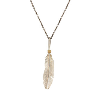 Small Brushed Silver Feather Pendant with 18k Gold Tie