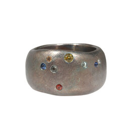 Aquarius Wide Band in Oxidized Silver with Sapphires