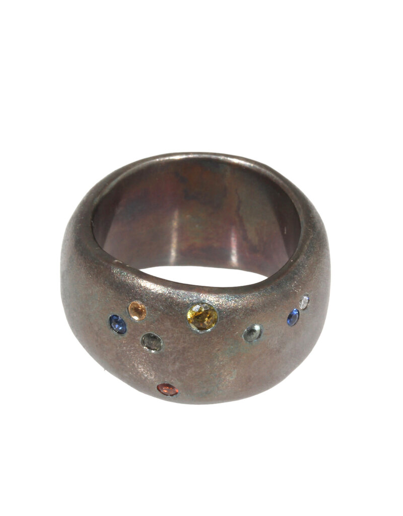 Aquarius Wide Band in Oxidized Silver with Sapphires