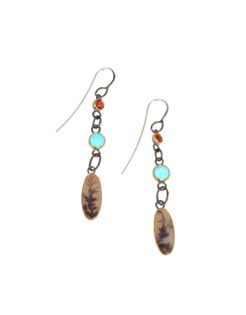 Big Sur Goldsmiths Dendritic Agate, Turquoise and Red Spinel Earrings in 22k Gold and Silver