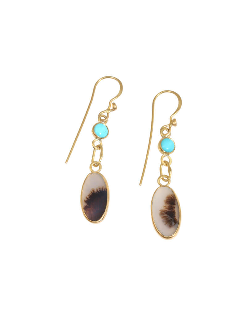 Big Sur Goldsmiths Dendritic Agate, Turquoise and Diamond Earrings in 22k Gold and Silver