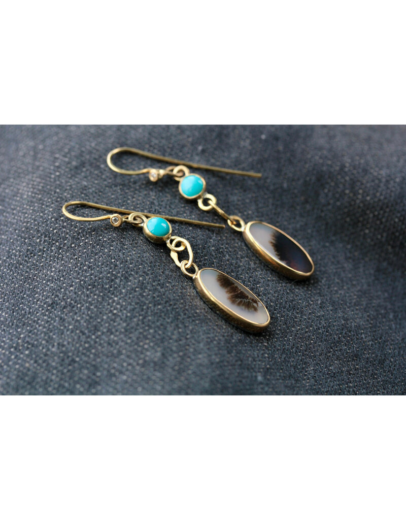 Big Sur Goldsmiths Dendritic Agate, Turquoise and Diamond Earrings in 22k Gold and Silver