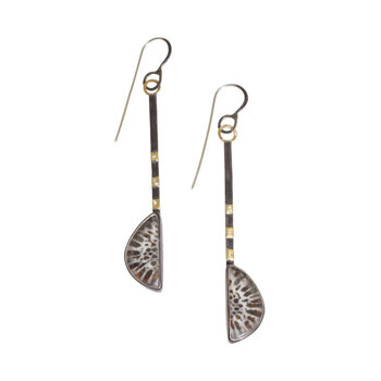 Big Sur Goldsmiths Fossilized Black Coral Earrings in 18k Gold and Oxidized Silver with White Diamonds