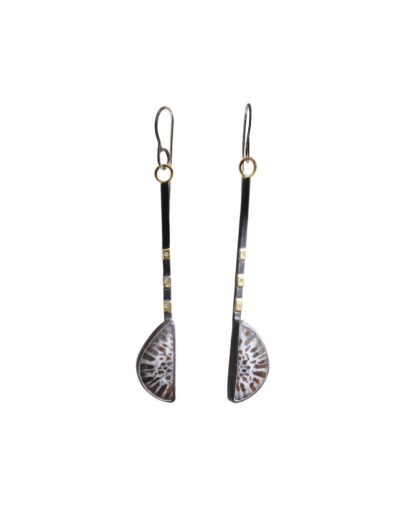 Big Sur Goldsmiths Fossilized Black Coral Earrings in 18k Gold and Oxidized Silver with White Diamonds