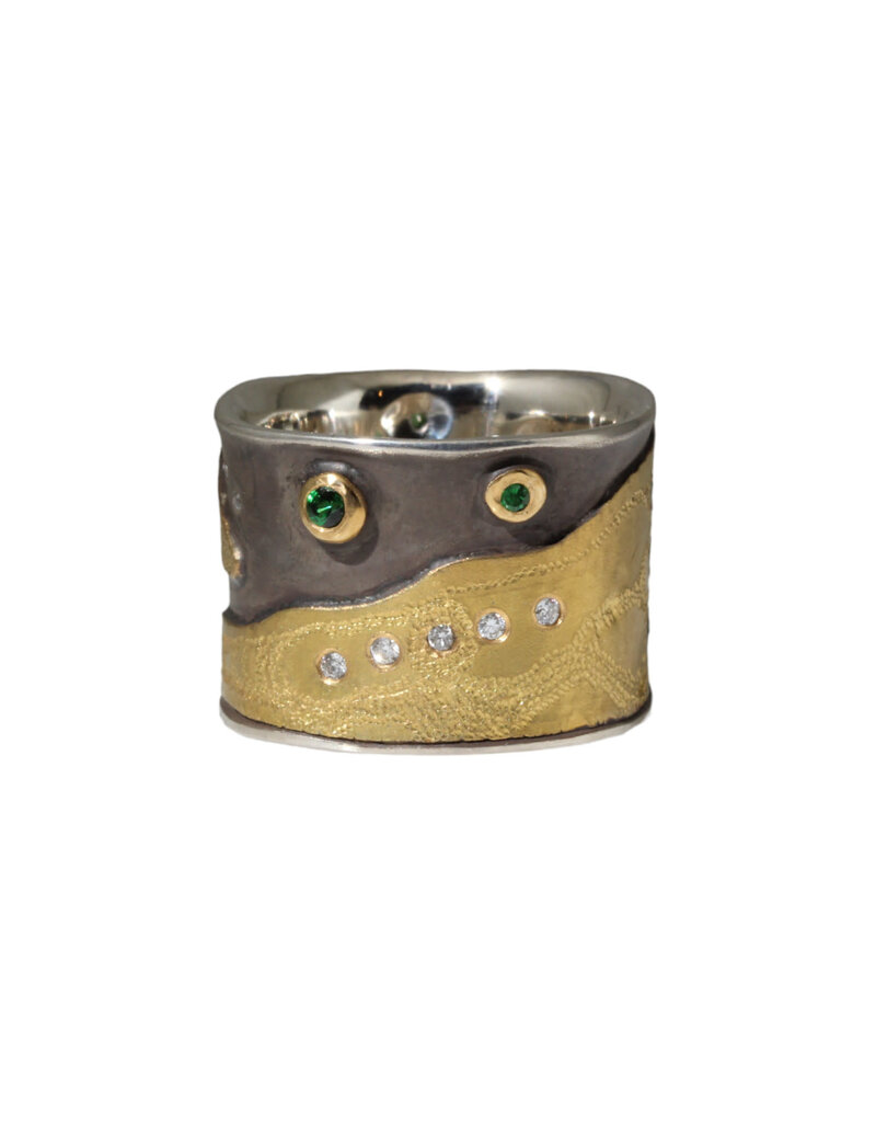 Big Sur Goldsmiths Canvas Cigar Band with Tsavorite Green Garnets and White Diamonds in 22k Gold and Silver