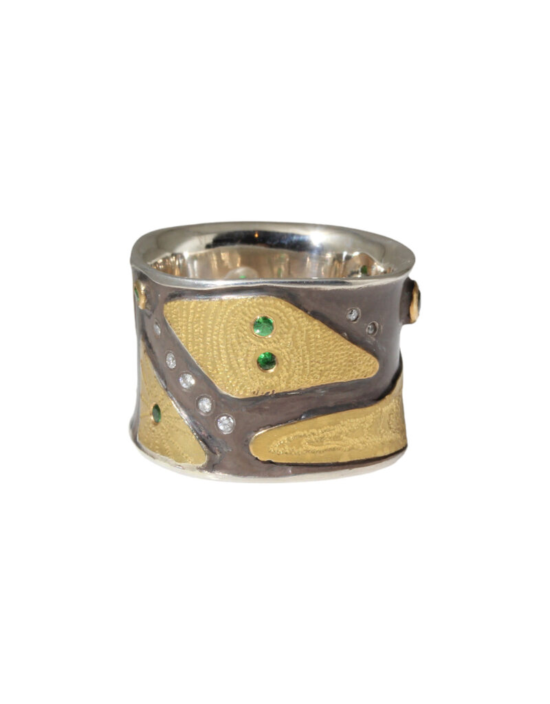 Big Sur Goldsmiths Canvas Cigar Band with Tsavorite Green Garnets and White Diamonds in 22k Gold and Silver