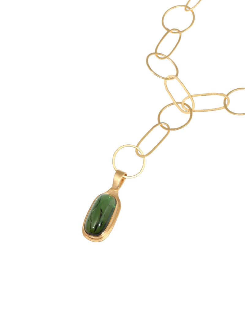 Big Sur Goldsmiths Green Tourmaline Pendant with Oval Link Chain in 22k Gold