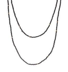 Vintage Matte Black Glass Bead Necklace on Brass Heishi Chain - 29"