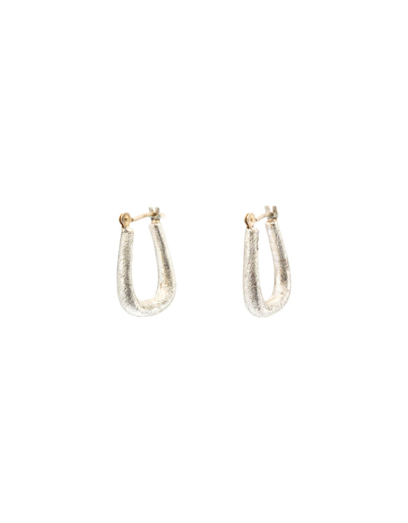 Small Squared Oval Hoop Earrings in Brushed Silver with 14k White Gold Earwires