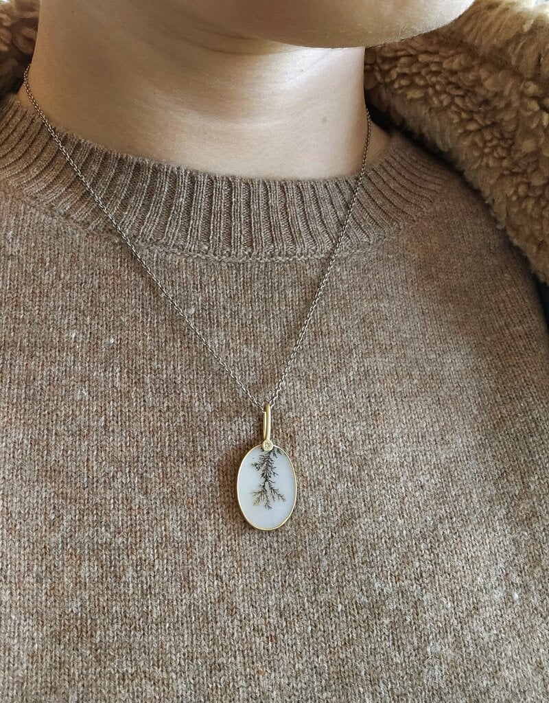 Oval Dendritic Agate Pendant in Brushed Silver and 18k Gold with Cognac Diamond