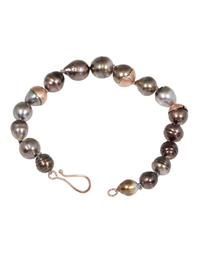Tahitian Pearl Bracelet with 14k Rose Gold Caps and Clasp