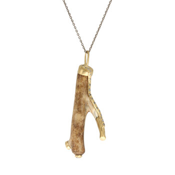 Fossilized Coral Branch Pendant wiith 18 Grey Diamonds in 18k Gold