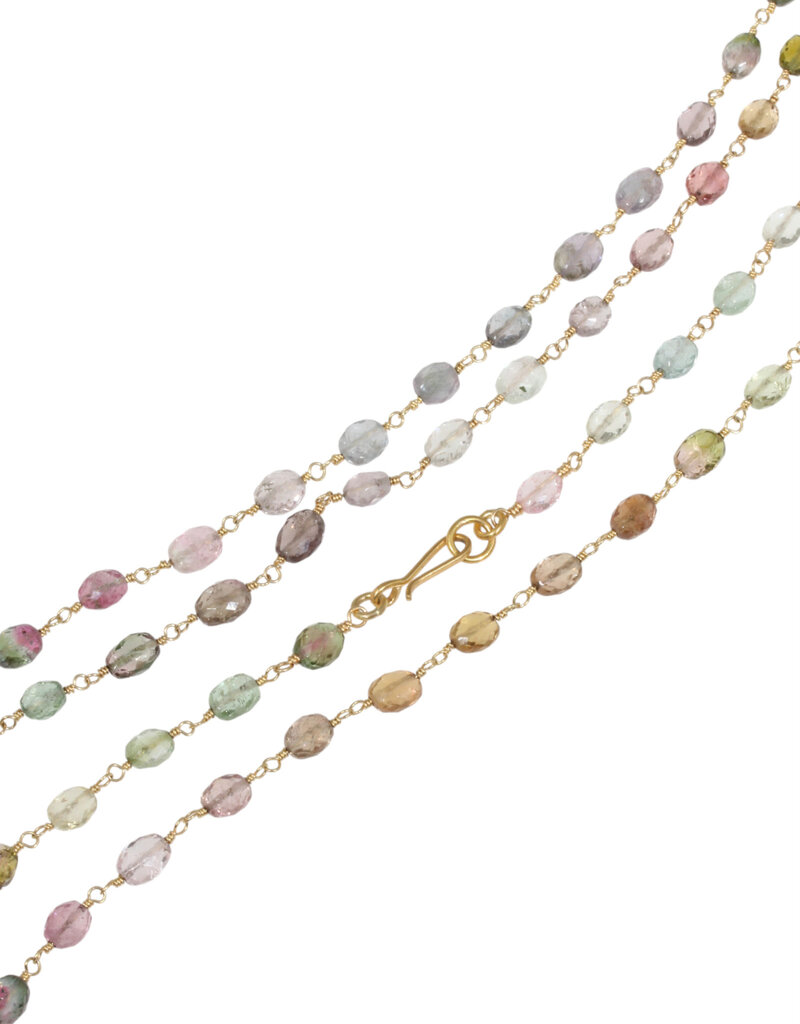 Multi-colored Tourmaline Wire Wrapped Bead Necklace with 18k Gold Clasp - 38"