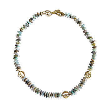 Gem Silica Saucer Bead Necklace with Lantern Beads and Banksia Clasp in Bronze