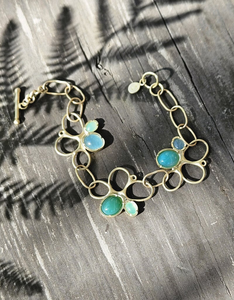 Lisa Ziff Akebia Bracelet in 10k Yellow Gold with Green and Blue Chrysoprase and Agate Cabochons