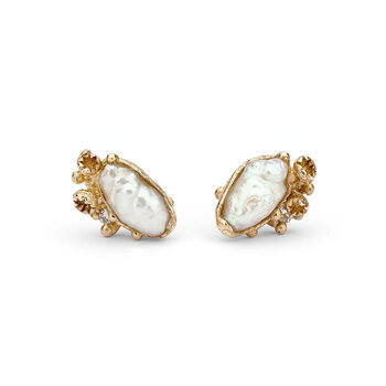Pearl Encrusted Post Earrings with Barnacles in 14k Yellow Gold