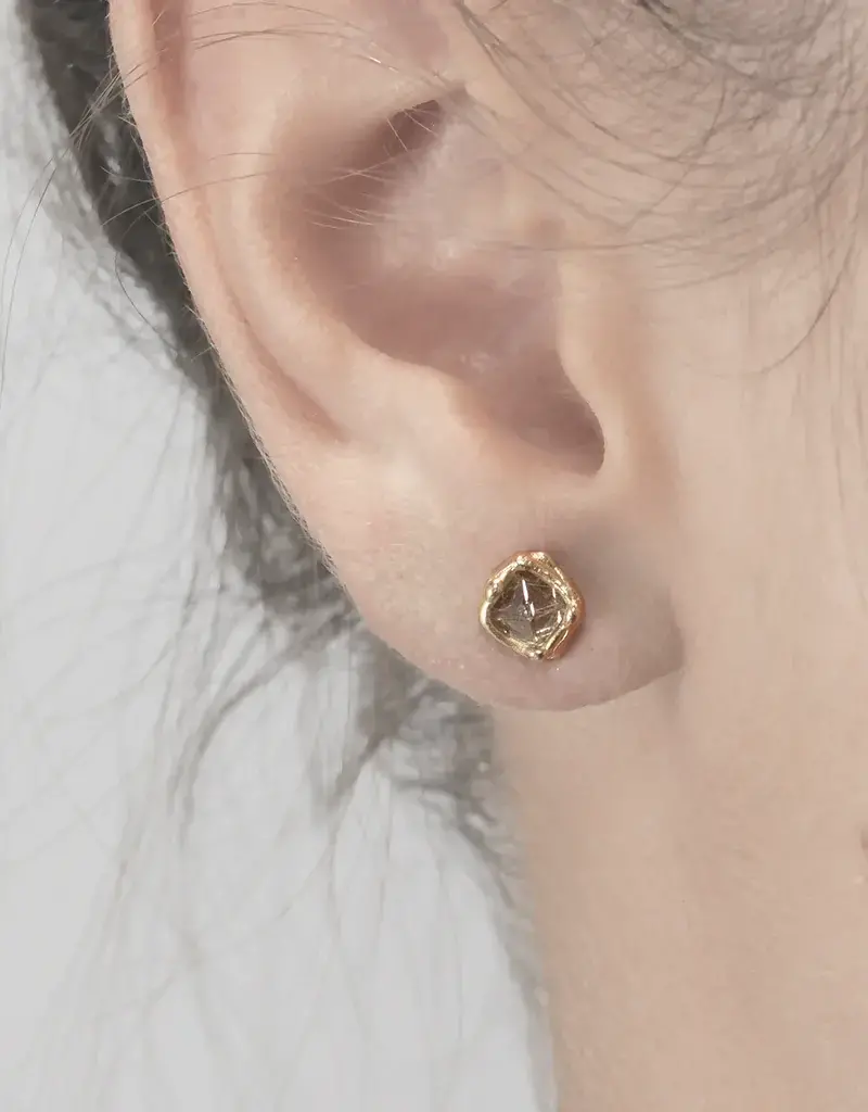 Pyramid Raw Diamond Post Earrings in 14k Yellow Gold