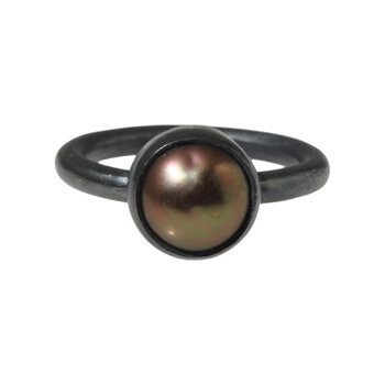 Pink Green Pearl Ring in Oxidized Silver