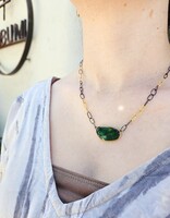 Organic Shape Rosecut Emerald Pendant in Oxidized Silver and 18k Gold with Handmade Chain