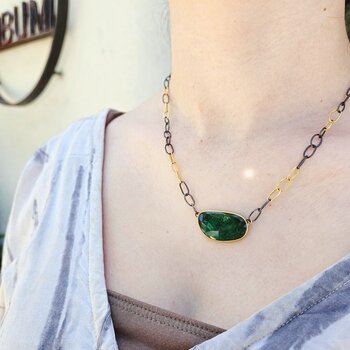 Organic Shape Rosecut Emerald Pendant in Oxidized Silver and 18k Gold with Handmade Chain