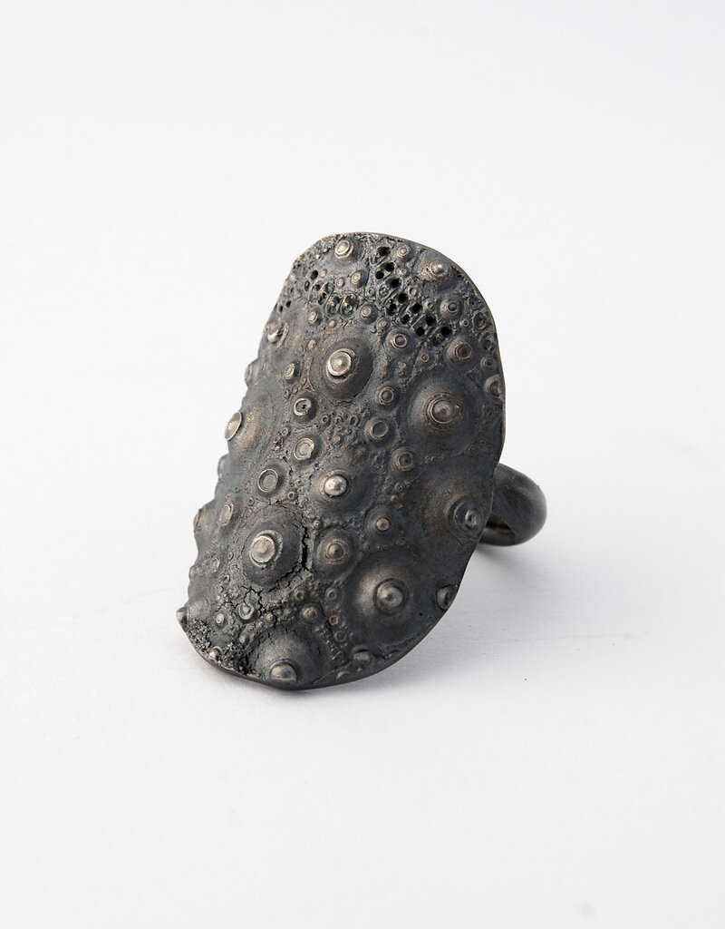 Sea Urchin Shield Ring in Oxidized Silver