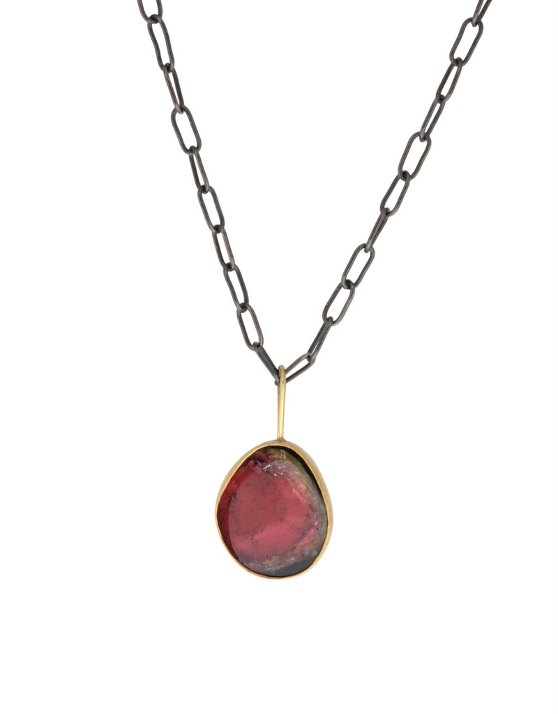 Watermelon Tourmaline Pendant in 22k Yellow Gold and Silver with Chain