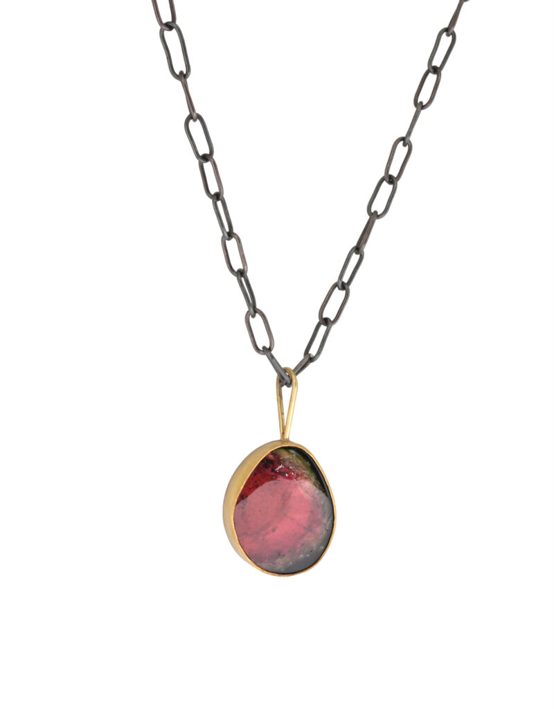 Watermelon Tourmaline Pendant in 22k Yellow Gold and Silver with Chain