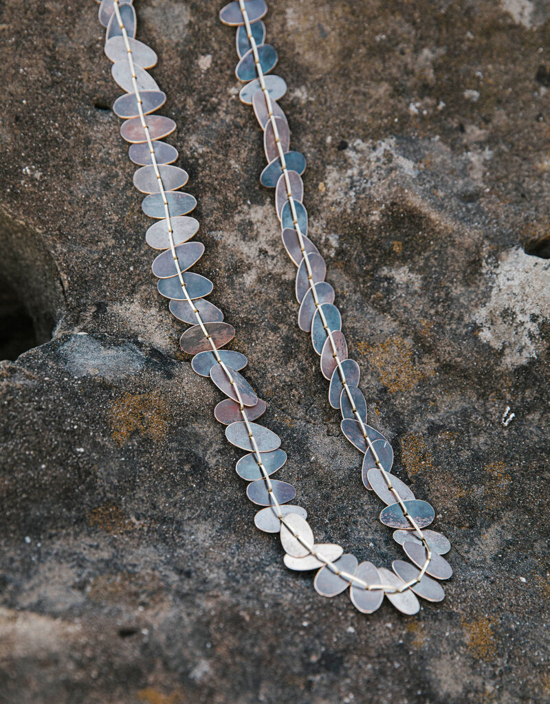 Laura Lienhard Long Leaf Necklace in Shibuichi, 18k Gold