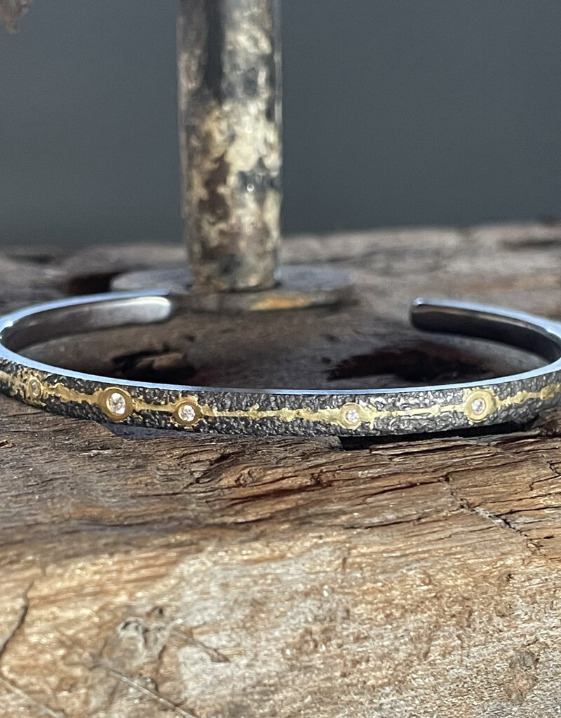 Fog Cuff Bracelet in Sand-Textured Oxidized Silver & 18k Yellow Gold with Diamonds