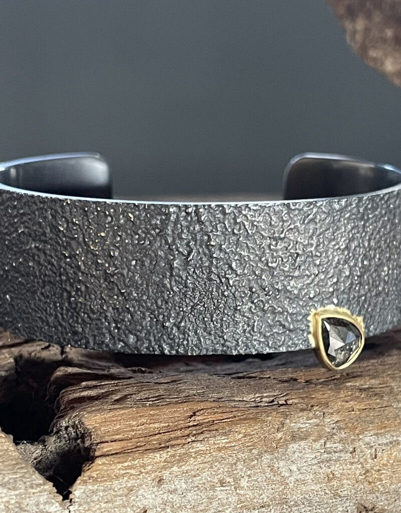 Extra Wide Cuff Bracelet in Sand-Textured Oxidized Silver with Salt & Pepper Diamond