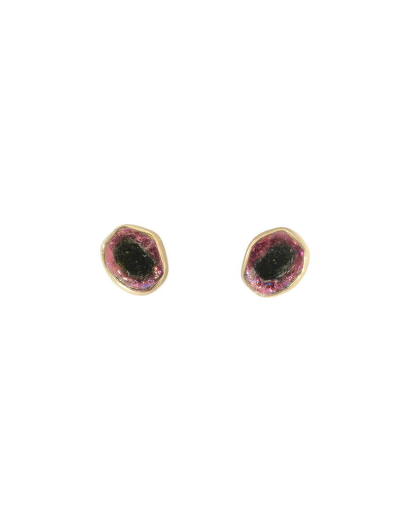 Watermelon Tourmaline Slice Post Earrings in 18k Gold