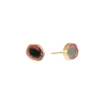 Watermelon Tourmaline Slice Post Earrings in 18k Gold