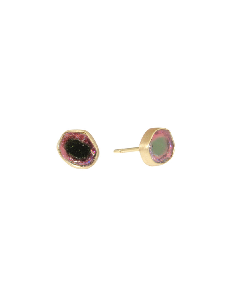 Watermelon Tourmaline Slice Post Earrings in 18k Gold