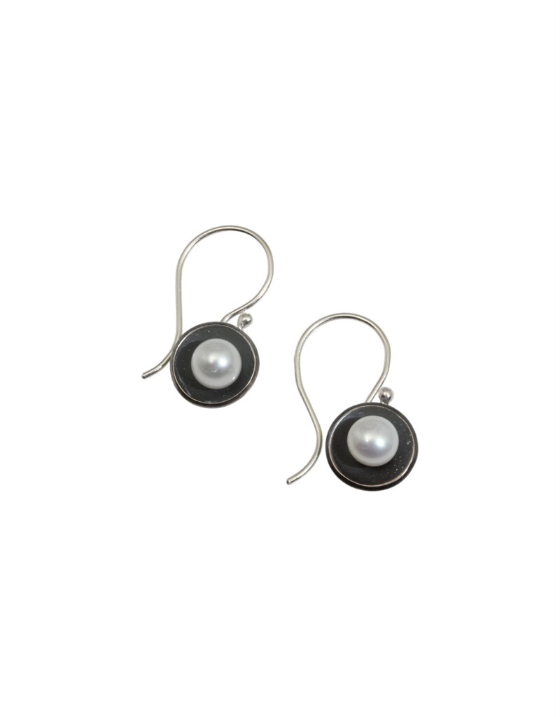 White Pearl Cup Dangle Earrings in Oxidized Silver