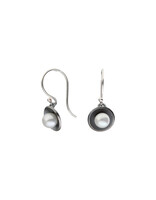 White Pearl Cup Dangle Earrings in Oxidized Silver