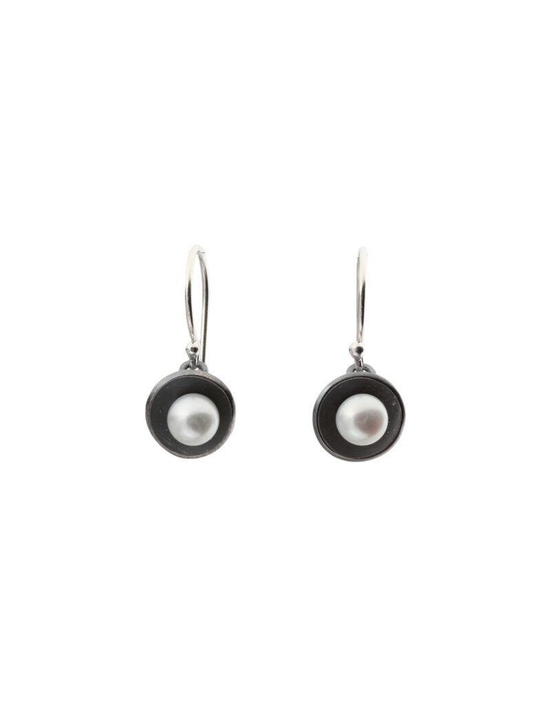 White Pearl Cup Dangle Earrings in Oxidized Silver