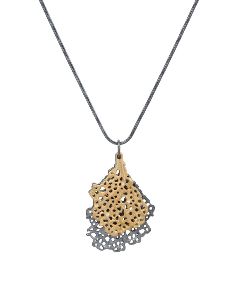 Double Koraru Pendant with White Sapphires in Oxidized Silver and Bronze on Foxtail Chain