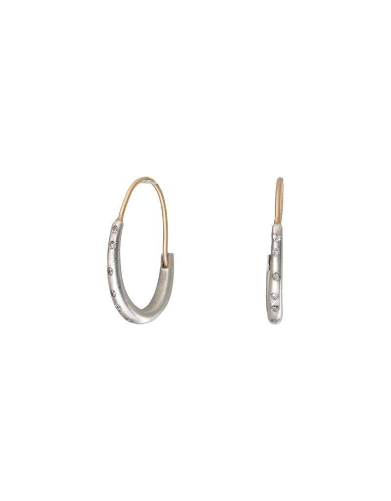 Small Katachi Oval Hoop Earrings in Brushed Silver with (12) Grey Diamonds