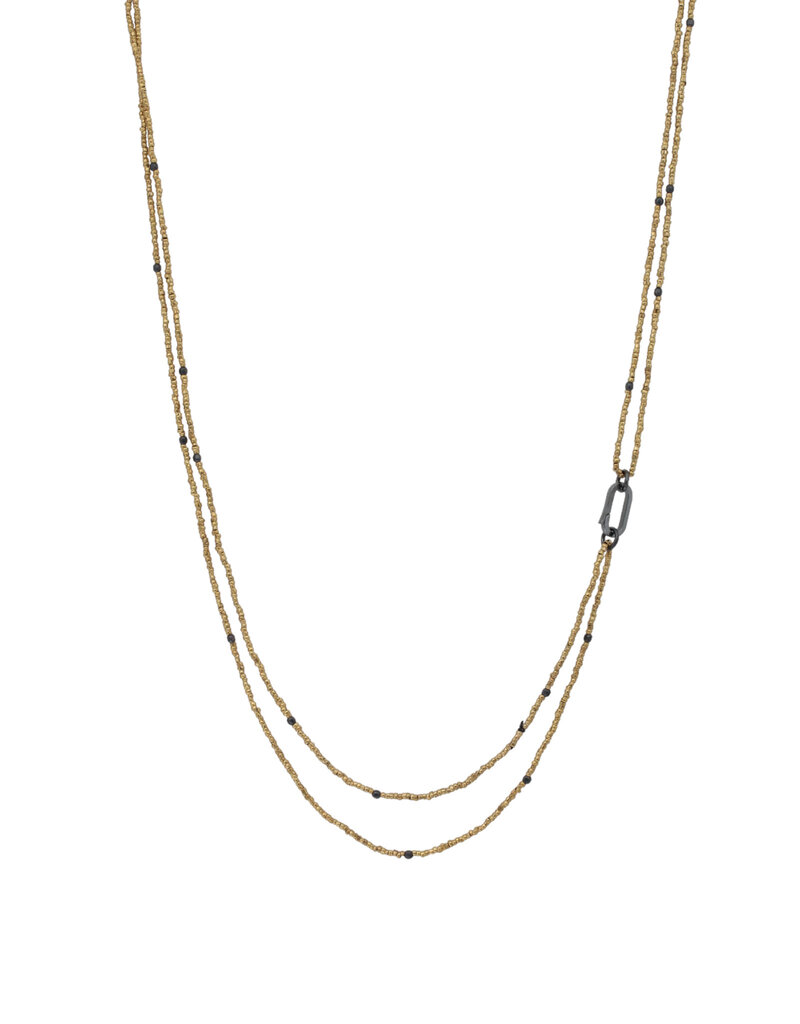 Double Strand Brass Heshi and Oxidized Silver Bead Necklace with Carabiner Clasp - 36"