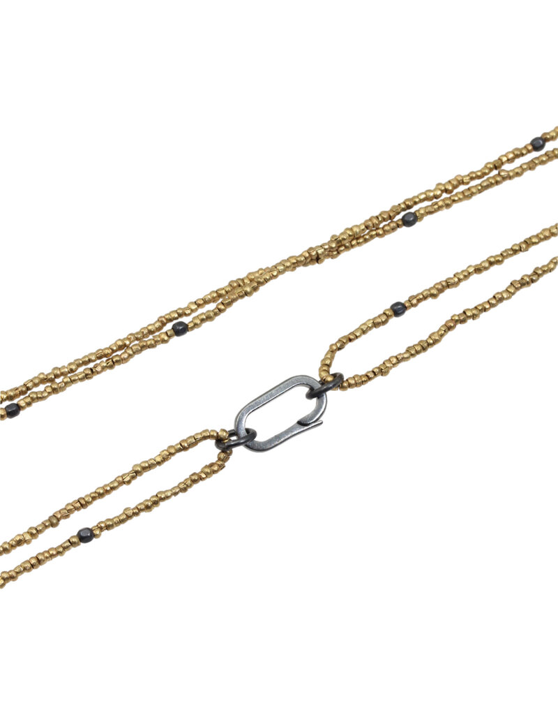 Double Strand Brass Heshi and Oxidized Silver Bead Necklace with Carabiner Clasp - 36"