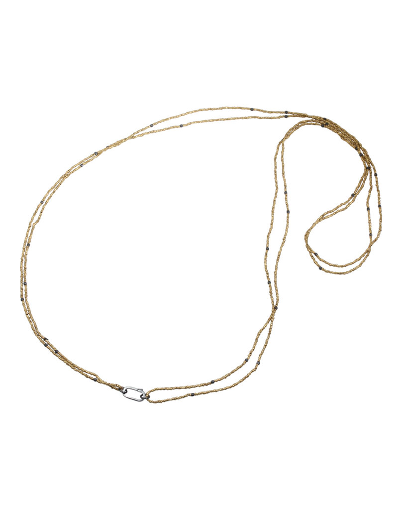 Double Strand Brass Heshi and Oxidized Silver Bead Necklace with Carabiner Clasp - 36"