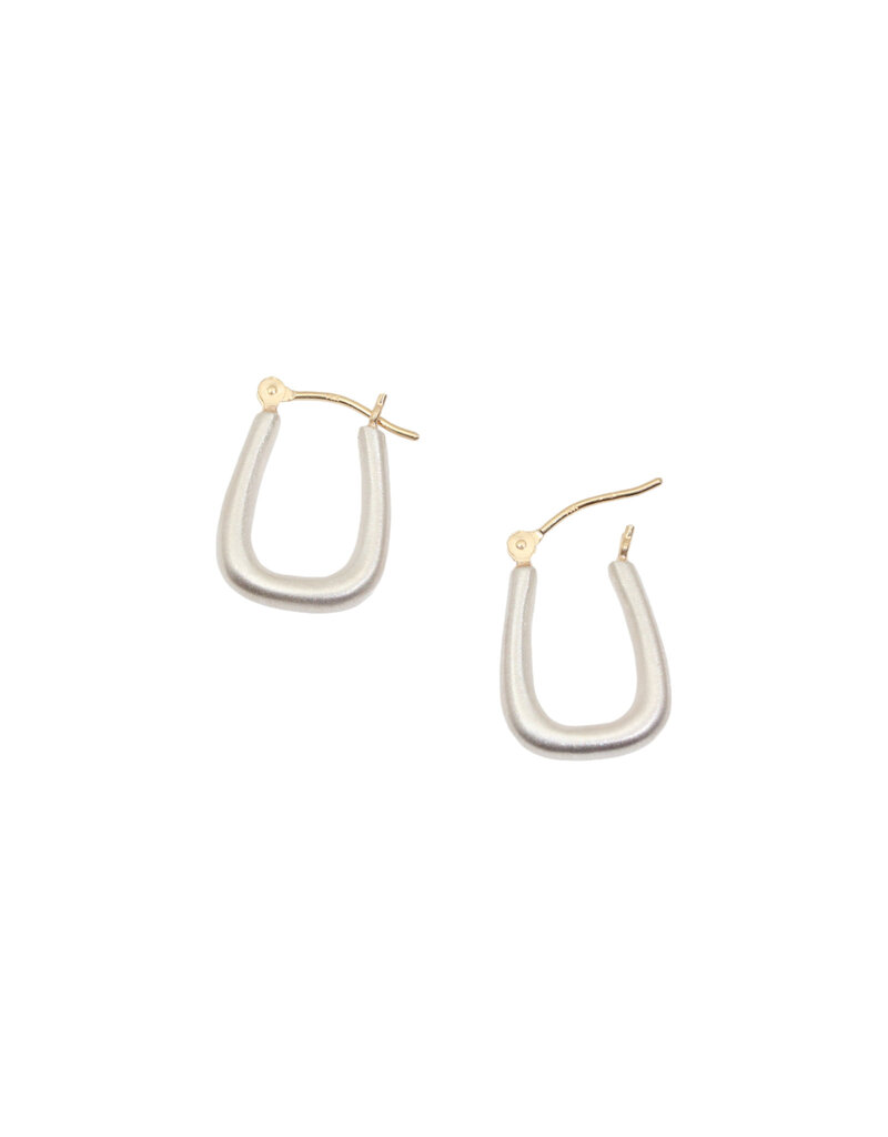 Small Squared Oval Hoop Earrings in Brushed Silver with 14k Yellow Gold Earwires