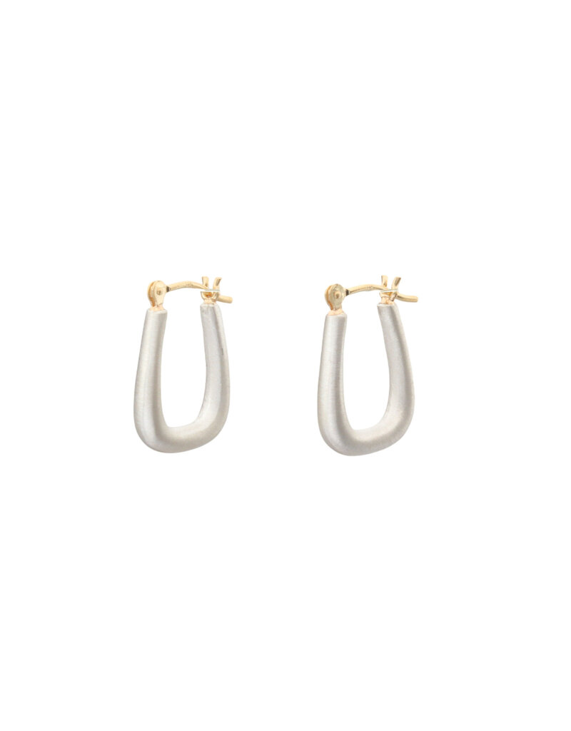 Small Squared Oval Hoop Earrings in Brushed Silver with 14k Yellow Gold Earwires