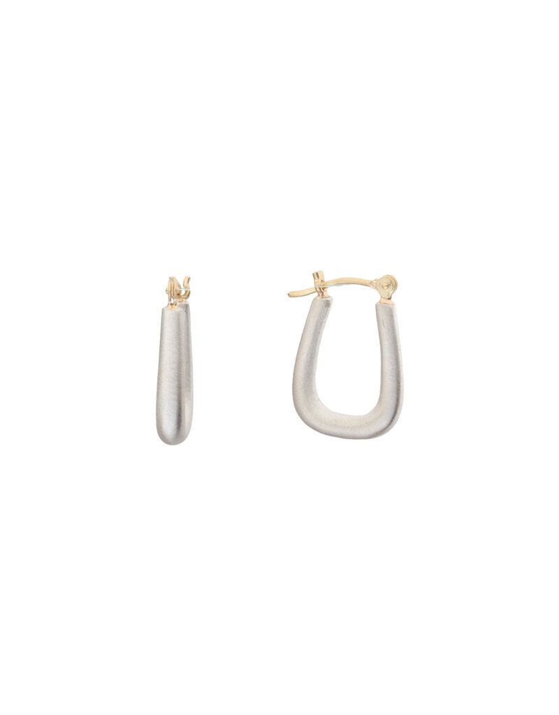 Small Squared Oval Hoop Earrings in Brushed Silver with 14k Yellow Gold Earwires