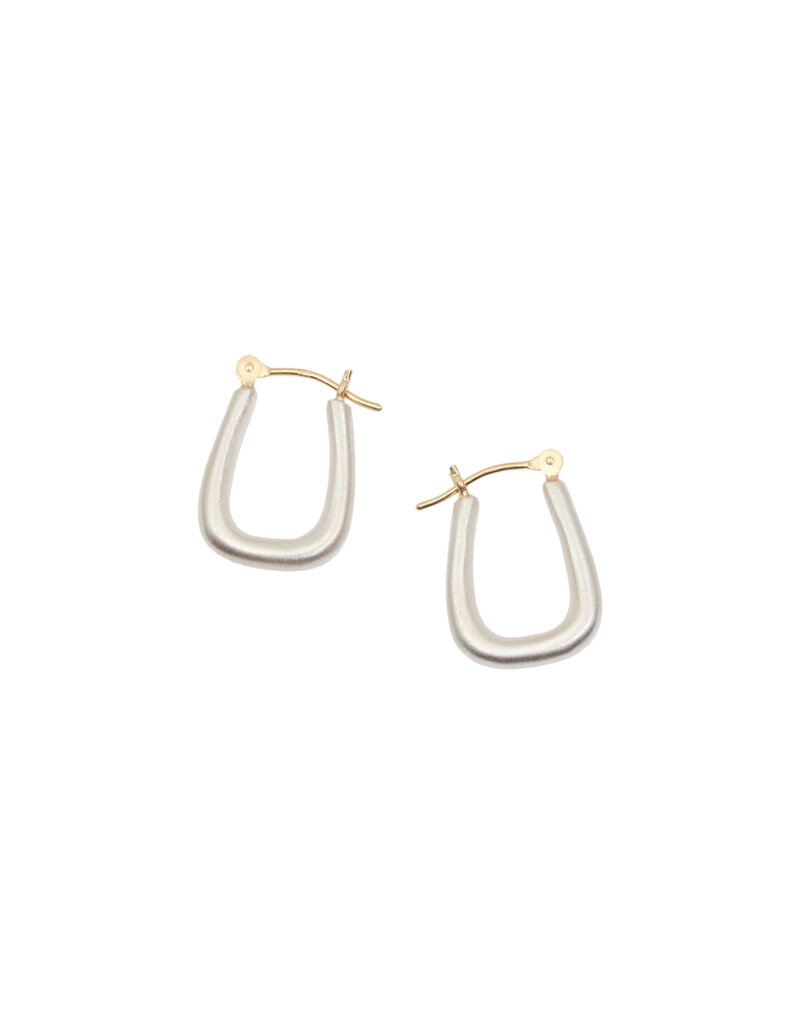 Small Squared Oval Hoop Earrings in Brushed Silver with 14k Yellow Gold Earwires