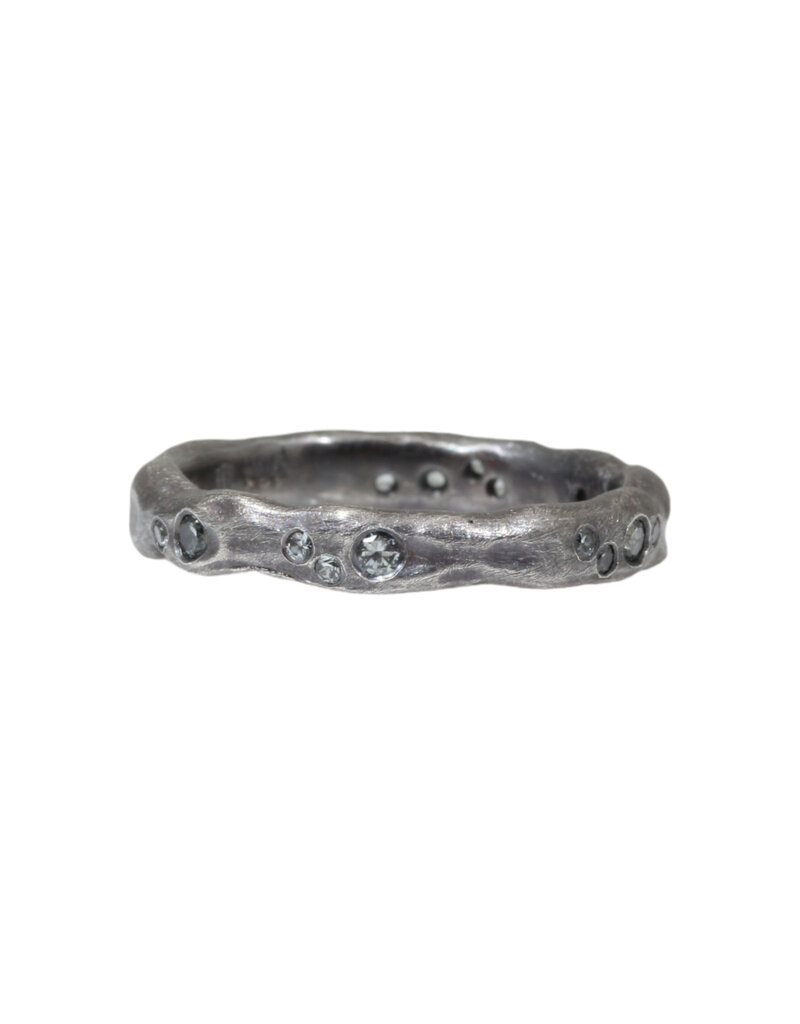 Organic Texture Wave Ring in Oxidized Silver with Grey Sapphires