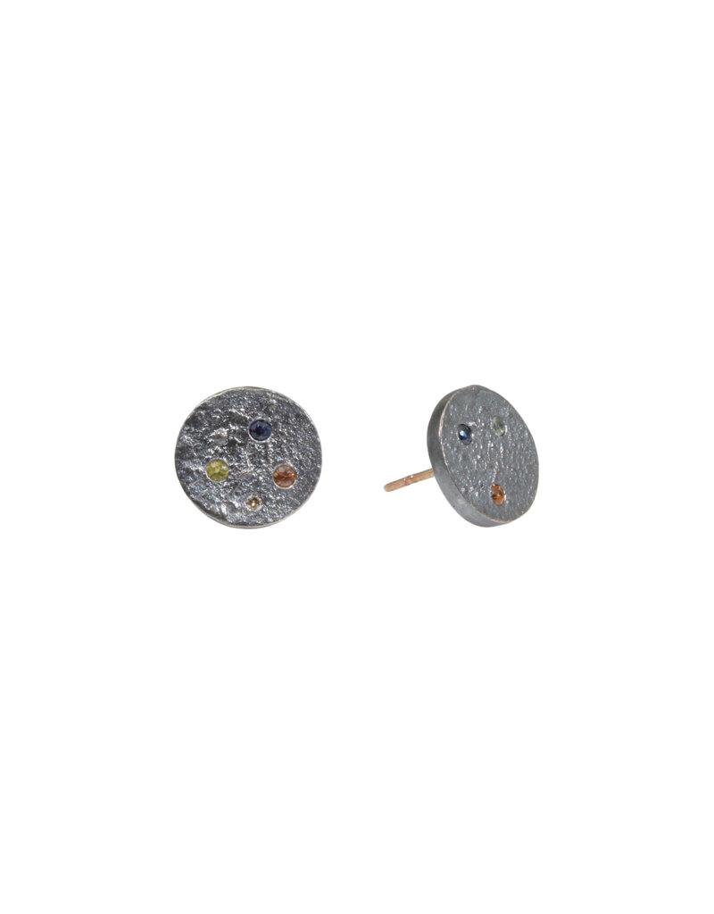 Sagittarius Constellation Post Earrings with Multi Sapphires in Oxidized Silver