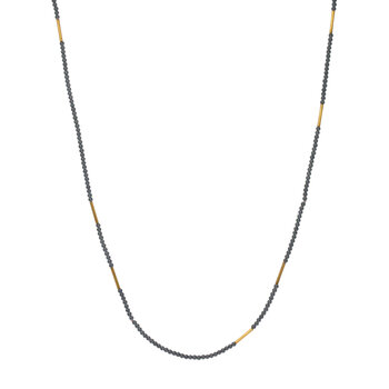 Matte Hematite Bead and Brass Tube Necklace with Oxidized Silver Clasp - 33"